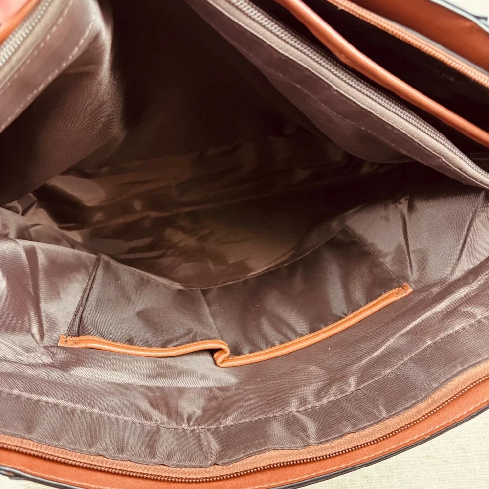 Mosiso Faux Leather Cognac Brown Laptop Bag Large Tote Straps Pockets 18